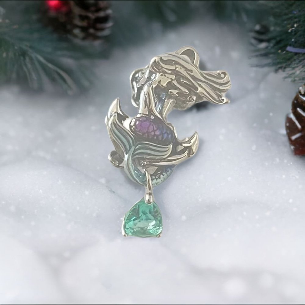 Sterling Silver Mermaid Anchor Charm Crystal Blue Ocean Beads Enamel Pendant
